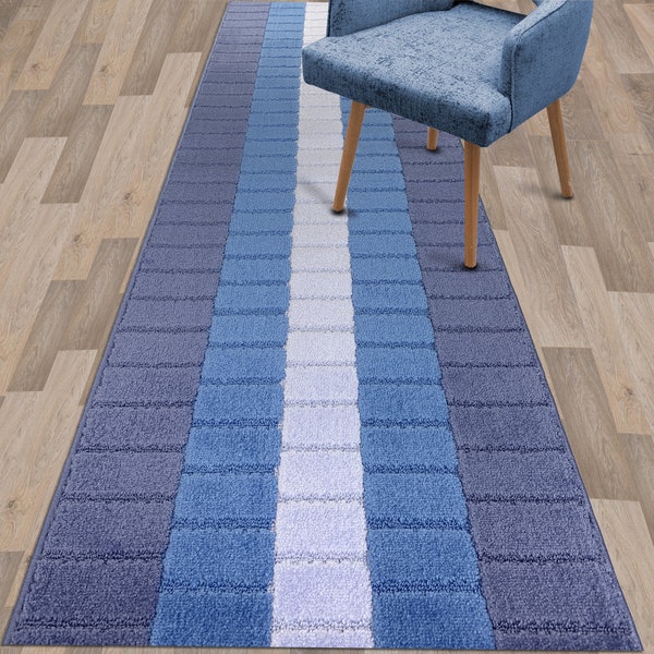 Blue Custom Size Carpet Runner Rug Non Slip-Skid Rubber Backing Washable Thick Soft Pile ,Hallway Kitchen Stairs Rubber Backed Runner Rug