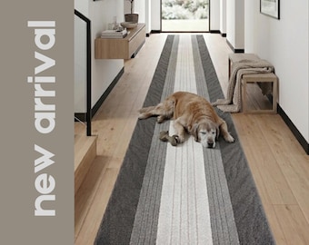 Retro Grey Runner Rug 25'' Wide | Custom Cut to Length | Non-Slip Washable Hallway Carpet