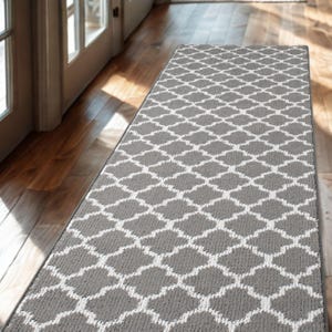 Extra Wide Custom Size Indoor Carpet Runner Rug for Hallway Entryway Kitchen Stair Laundry Room with Non Skid  Rubber Backing, Trellis Gray