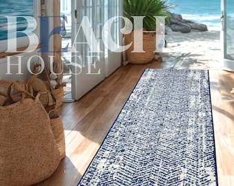 The Hamptons Home by REMNAZ | Slim 27&quot; Hall Runner Rug • Weathered Coastal Look • Custom Size • Non-Slip Rubber Backing [Navy, Black, Brown]