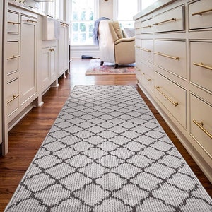 CUSTOM Size Slip-Skid Resistant Rubber Backed Kitchen Hallway Entryway Foyer Stair Carpet Runner Rug ,Moroccan Trellis Light Gray
