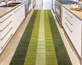 Wide Width CUSTOM Size Mod 70s Retro Vintage Style  Hallway Entryway Kitchen Laundry Carpet Runner Rug, Non Slip Rubber Back, Avocado Green