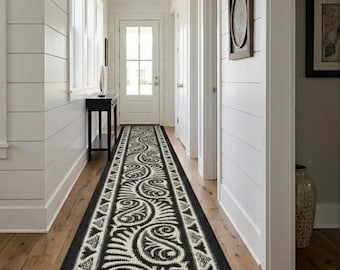Floral Scroll Runner Rug 31” Wide, Washable Non Slip, Custom Hallway Kitchen Runner