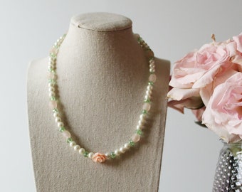 Rose Pink, Green, and Pearl-White Glass Beaded Necklace for Girls--Choker Necklace-- Easter Jewelry