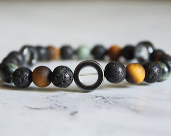 Men's Beaded Stretch Bracelet | Jasper, Lava, Tigers Eye, and Hematite | Size Medium 7.5 inches