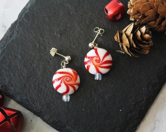 Cute Peppermint Earrings for Women or Girls--Sterling Silver--Great gift for Christmas-- Glass Peppermint Bead