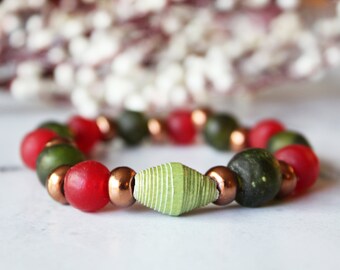 Christmas Colors | Recycled Glass and Copper Christmas Stretch Bracelet | For Women and Children | Size Small and Medium