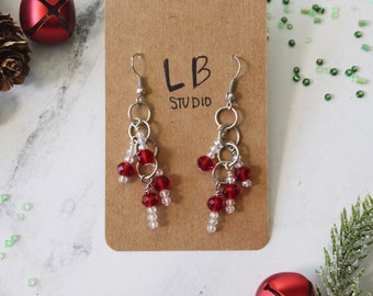 Christmas Icicle Drop Earrings | Red and Clear Faceted Beaded Drop Earrings | Women and Girls