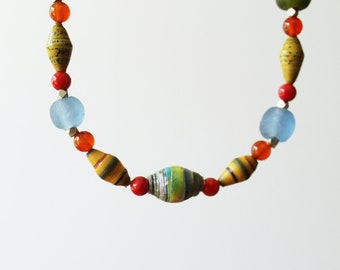 Colorful Beaded Necklace-Natural Gemstones, Recycled Glass, and Paper Beaded Necklace- Women's Wire Beaded Necklace