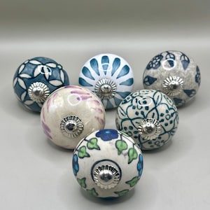 Lot 6 boutons de meuble 4 cm – poignées tiroir placard cuisine – céramique bleue et verte – déco meuble – expédition France