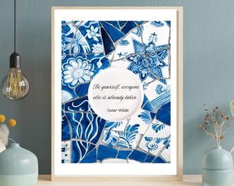 Blue and white,abstract painting with quote, digital download, gift for him, wall art, Fathers Day