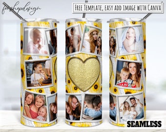 10 Picture Photo Frame, Heart Glitter Sunflower Tumbler, 20 Oz Tumbler, Skinny Tumbler,Sublimation Graphics,Digital Download,Wrap Png Design