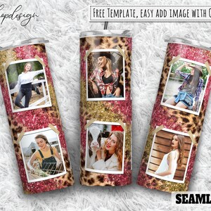 Pink Gold Glitter Leopard Photo Frame 20oz Skinny Tapered & Straight Tumbler Sublimation, Waterslide Digital Design Full Tumbler Wrap Png