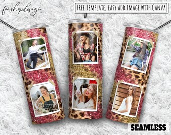 Pink Gold Glitter Leopard Photo Frame 20oz Skinny Tapered & Straight Tumbler Sublimation, Waterslide Digital Design Full Tumbler Wrap Png