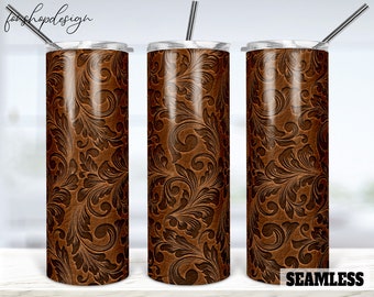 Brown Tooled Leather Seamless 20oz Skinny Tapered & Straight Tumbler Sublimation, Waterslide Digital Design Full Tumbler Wrap Png Download