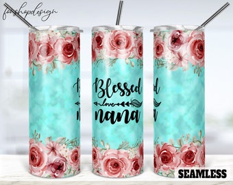 Blessed Nana Rose Marble Seamless 20oz Skinny Tapered & Straight Tumbler Sublimation, Waterslide Digital Design Full Tumbler Wrap Download