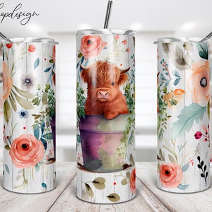 Baby Highland Cow In A Plant Pot Tumbler, 20 Oz Skinny Tumbler, Regalo di compleanno, Grafica a sublimazione, Download digitale, Full Wrap, Png Design