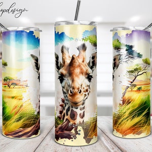 Cute Giraffe Tumbler, 20oz Skinny Tumbler, Watercolor Background, Gift For Her, Sublimation Graphic, Digital Download, Full Wrap, Png Design