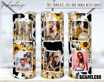 Cow Sunflowers Cowhide Photo Frame 20oz Skinny Tapered & Straight Tumbler Sublimation, Waterslide Digital Design Full Tumbler Wrap Download
