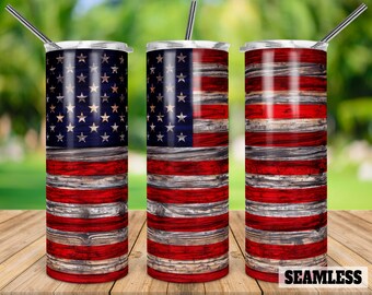 American Flag Wood Grain Seamless 20oz Skinny Tapered & Straight Tumbler Sublimation, Wasserrutsche Digital Design Full Tumbler Wrap Download