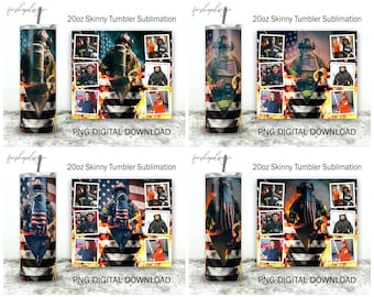 Firefighter Tumbler, Picture Photo Frame, 20 Oz Skinny Tumbler, American Flag Background, Sublimation Graphics, Digital Download, Wrap Png