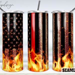 Firefighter Thin Red Line Seamless 20oz Skinny Tapered & Straight Tumbler Sublimation, Waterslide Digital Design Full Tumbler Wrap Download