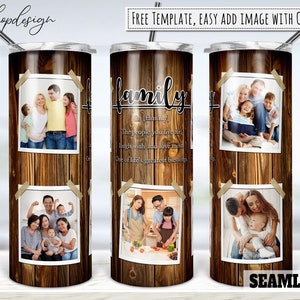 Grão de madeira, citação de definição de família, moldura de foto 20 onças skinny tapered & straight tumbler sublimation, Waterslide Design Full Tumbler Wrap Png