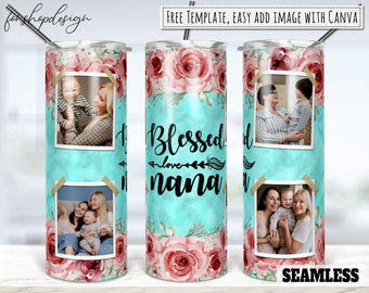 Blessed Nana Rose Marble Photo Frame 20oz Skinny Tapered & Straight Tumbler Sublimation, Waterslide Design Full Tumbler Wrap Png Download