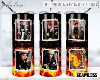 Firefighter Fireman Photo Frame 20oz Skinny Tapered & Straight Tumbler Sublimation, Waterslide Digital Design Full Tumbler Wrap Png Download
