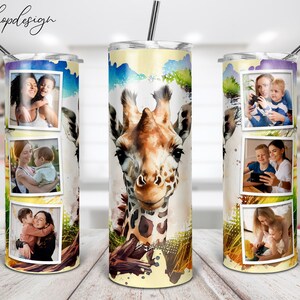 May include: A stainless steel tumbler with a colorful watercolor design featuring a giraffe and multiple photos of families. The tumbler is perfect for holding hot or cold beverages.