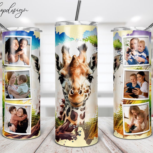 Cute Giraffe Tumbler, Picture Photo Frame, 20 Oz Skinny Tumbler, Watercolor Background, Sublimation Graphics, Digital Download, Png Design