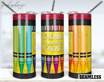 Teacher Glitter Crayon Seamless 20oz Skinny Tapered & Straight Tumbler Sublimation, Waterslide Digital Design Full Tumbler Wrap Png Download