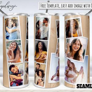 9 Photo Frame Tumbler, Wood Background, Skinny Tumbler, Tapered & Straight, Sublimation Graphics, Digital Download, Full Wrap, Png Design