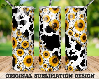 Cow Sunflowers Cowhide Seamless 20oz Skinny Tapered & Straight Tumbler Sublimation, Waterslide Digital Design Full Tumbler Wrap Png Download
