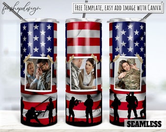 Memorial Day American Flag Photo Frame 20oz Skinny Tapered & Straight Tumbler Sublimation, Waterslide Digital Design Tumbler Wrap Download