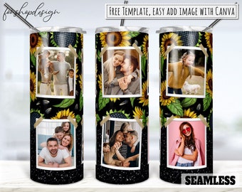 Sunflower Black Glitter Photo Frame 20oz Skinny Tapered & Straight Tumbler Sublimation, Waterslide Digital Design Full Tumbler Wrap