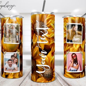 Girasoli gonfi gonfiati 3D, cornice per foto, bicchiere magro da 20 Oz, grafica a sublimazione, download digitale, avvolgimento completo, design Png