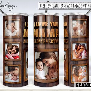 Mama Tumbler, Cornice per foto, Bicchiere da 20 Oz, Legno rustico, Bicchiere magro, Grafica a sublimazione, Download digitale, Involucro completo, Design Png