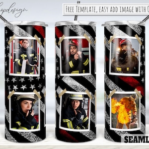 Firefighter American Flag Thin Red Line Photo Frame 20oz Skinny Tapered & Straight Tumbler Sublimation, Waterslide Design Full Tumbler Wrap