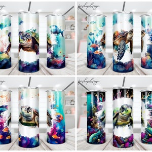 Sea Turtle Tumbler, 20 Oz Skinny Tumbler, Watercolor Background, Gift For Her, Sublimation Graphic, Digital Download, Full Wrap, Png Design