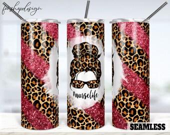 Nurse Life luipaard glitter beker wrap, naadloos 20oz skinny ontwerp (digitale download)