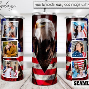 Vaso de bandera americana de águila, marco de fotos, vaso flaco de 20 oz, regalo de aniversario, gráficos de sublimación, descarga digital, diseño png