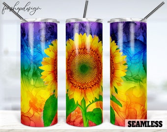 Regenboog zonnebloem beker wrap, alcoholinkt naadloos ontwerp (digitale png-download)