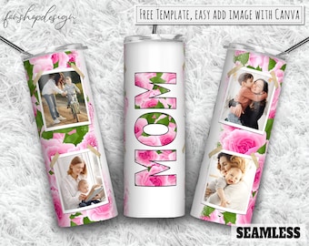 Mom Rose Photo Frame 20oz Skinny Tapered & Straight Tumbler Sublimation, Waterslide Digital Design Full Tumbler Wrap Png Digital Download