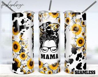 Mama Cow Sunflowers Cowhide Seamless Tumbler, 20 Oz Tumbler, Skinny Tumbler, Tapered & Straight, Sublimation Graphics, Digital Download Png