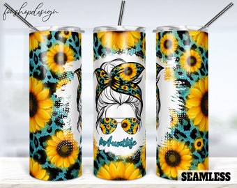 Tante Leven Zonnebloem Luipaard Naadloze 20oz Skinny Taps toelopende en rechte Tumbler Sublimatie Waterglijbaan Digitaal Ontwerp Volledige Tumbler Wrap Download