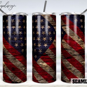 Vaso sin costuras de la bandera estadounidense, Vaso de 20 oz, Fondo de madera, Vaso delgado, Gráficos de sublimación, Descarga digital, Envoltura completa, Diseño Png