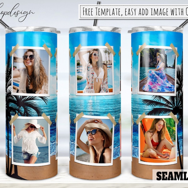 Ocean Palm Trees Photo Frame 20oz Skinny Tapered & Straight Tumbler Sublimation, Waterslide Digital Design Full Tumbler Wrap Png Download