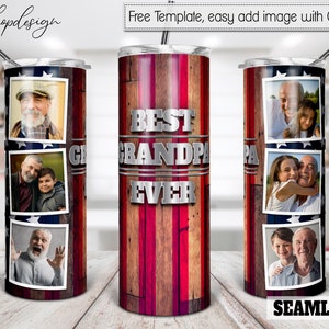 Best Grandpa Ever Tumbler, Picture Photo Frame, 20oz Tumbler, Skinny Tumbler, American Flag And Wood Sublimation, Digital Download, Wrap Png