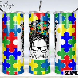 Autisme Moeder Naadloze 20oz Skinny Taps toelopende & Rechte Tumbler Sublimatie, Waterslide Digital Design Full Tumbler Wrap Png Digitals Download